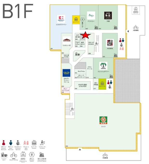 B1Fイートイン(麻布あさひ横) 物販、食物販のポップアップストアや販促プロモーションに最適な催事イベントスペースの図面・フロアマップ