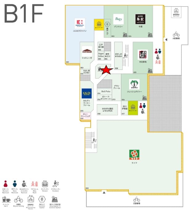 B1Fイートイン 物販、食物販のポップアップストアや販促プロモーションに最適な催事イベントスペースの図面・フロアマップ