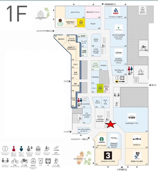 1F南側エスカレーター横 物販、食物販のポップアップストアや販促プロモーションに最適な催事イベントスペースの図面・フロアマップ
