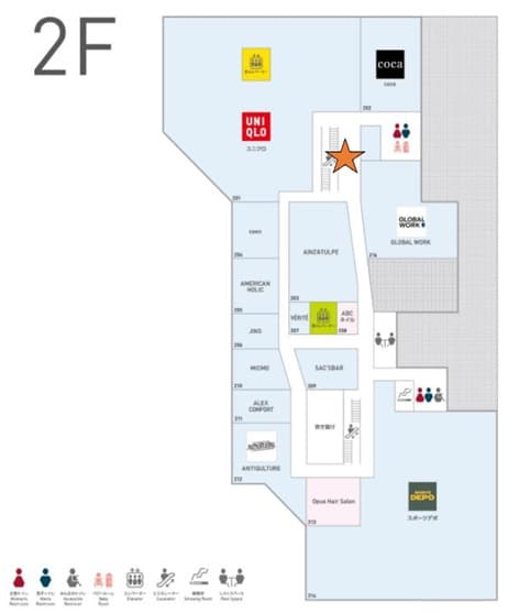 2階エスカレーター横 物販、食物販のポップアップストアや販促プロモーションに最適な催事イベントスペースの図面・フロアマップ