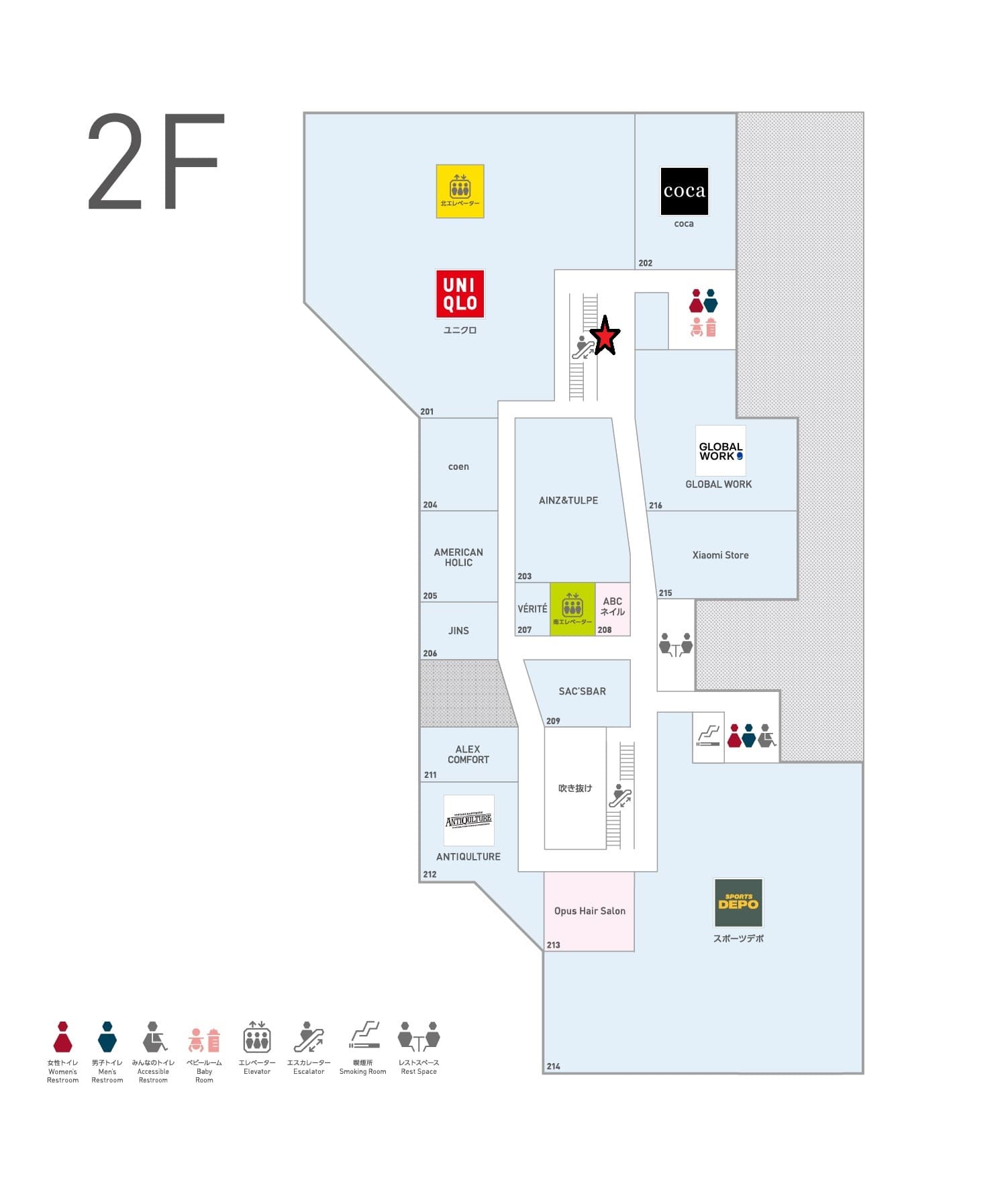2階エスカレーター横 物販、食物販のポップアップストアや販促プロモーションに最適な催事イベントスペースの図面・フロアマップ