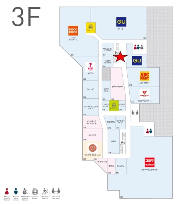 3階エスカレーター横 物販、食物販のポップアップストアや販促プロモーションに最適な催事イベントスペースの図面・フロアマップ