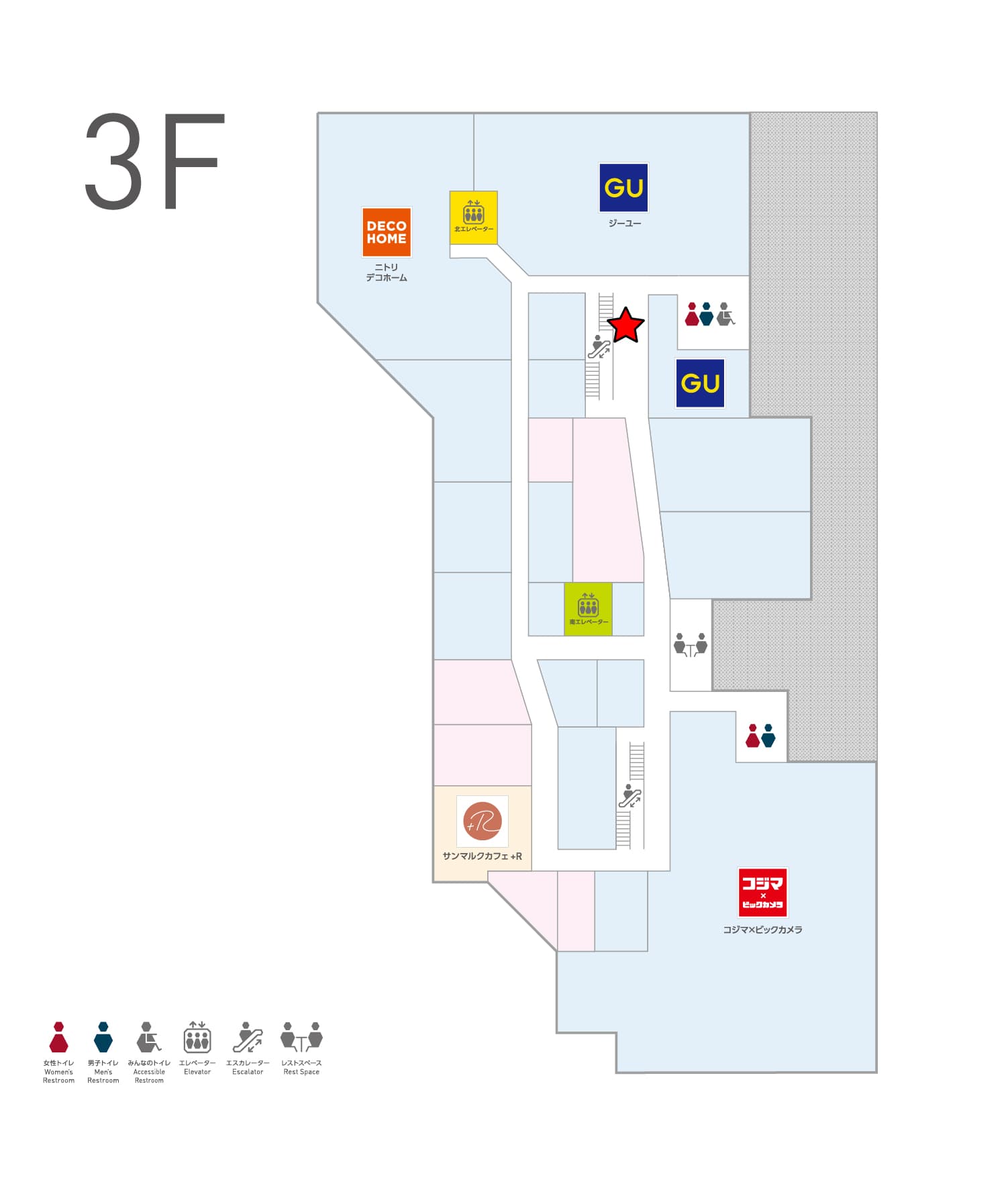 3階エスカレーター横 物販、食物販のポップアップストアや販促プロモーションに最適な催事イベントスペースの図面・フロアマップ