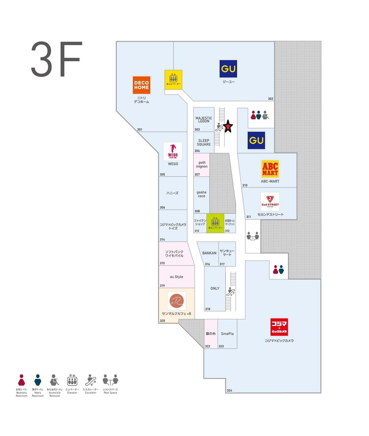 3階エスカレーター横 物販、食物販のポップアップストアや販促プロモーションに最適な催事イベントスペースの図面・フロアマップ