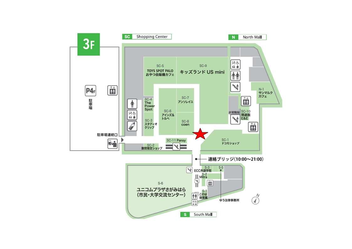 3階ドコモ前 柱周り 物販、食物販のポップアップストアや販促プロモーションに最適な催事イベントスペースの図面・フロアマップ